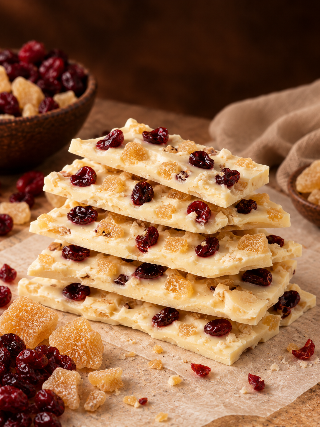 Lasca Aurora: 50g de lascas de chocolate branco nobre com gengibre cristalizado e cranberries selecionados