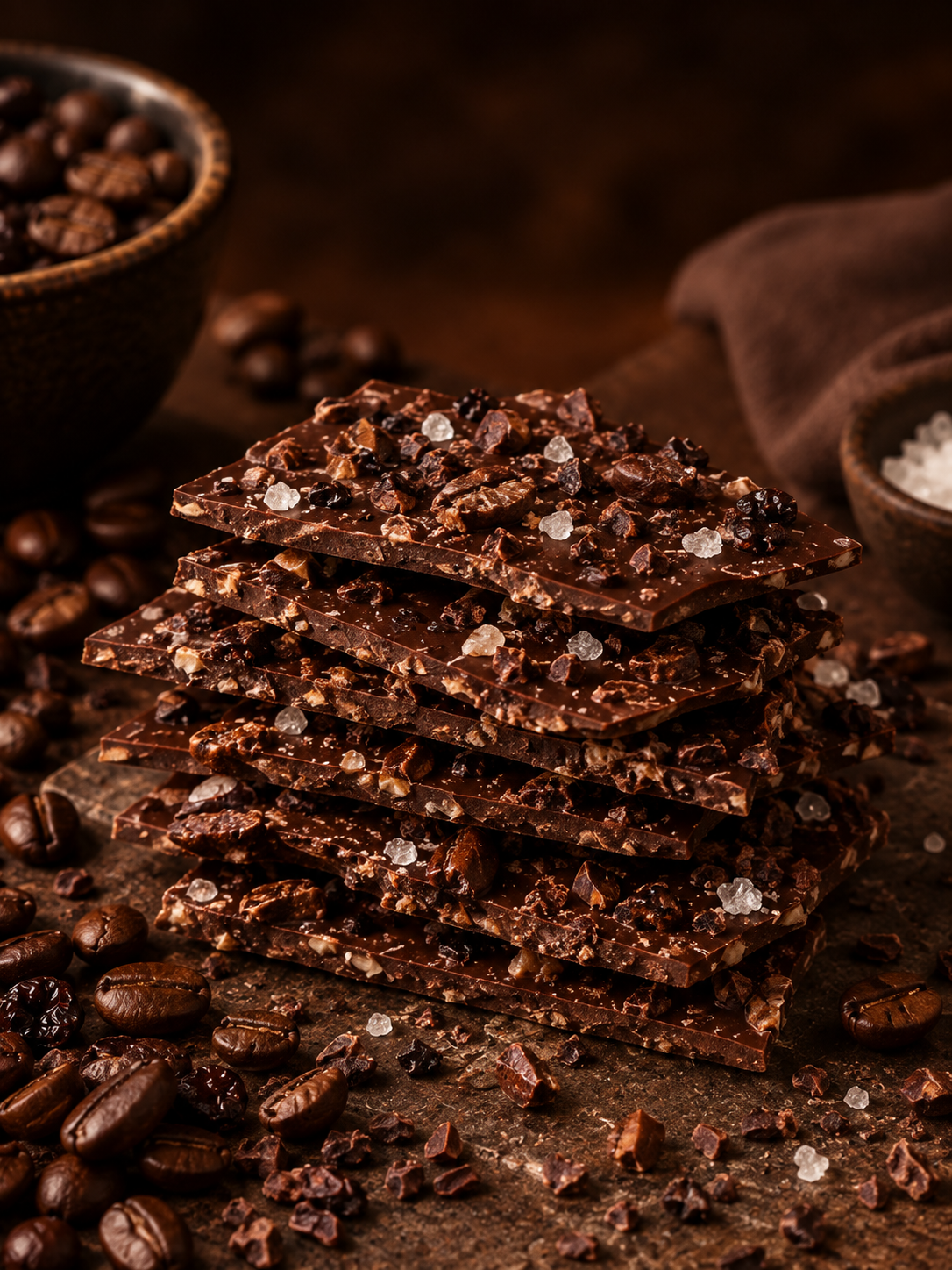 Lascas Expresso: 50g de lascas de chocolate meio amargo nobre com café, nibs de cacau e flor de sal