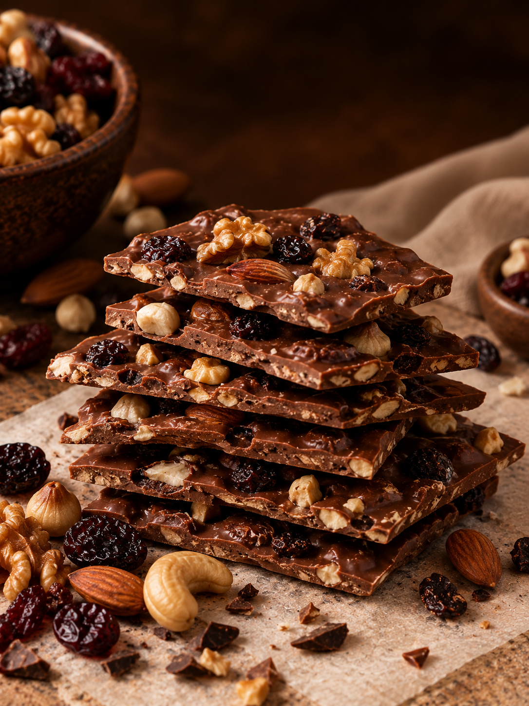 Lasca Origens: 50g de lascas de chocolate ao leite nobre com mix de castanhas e uvas passas