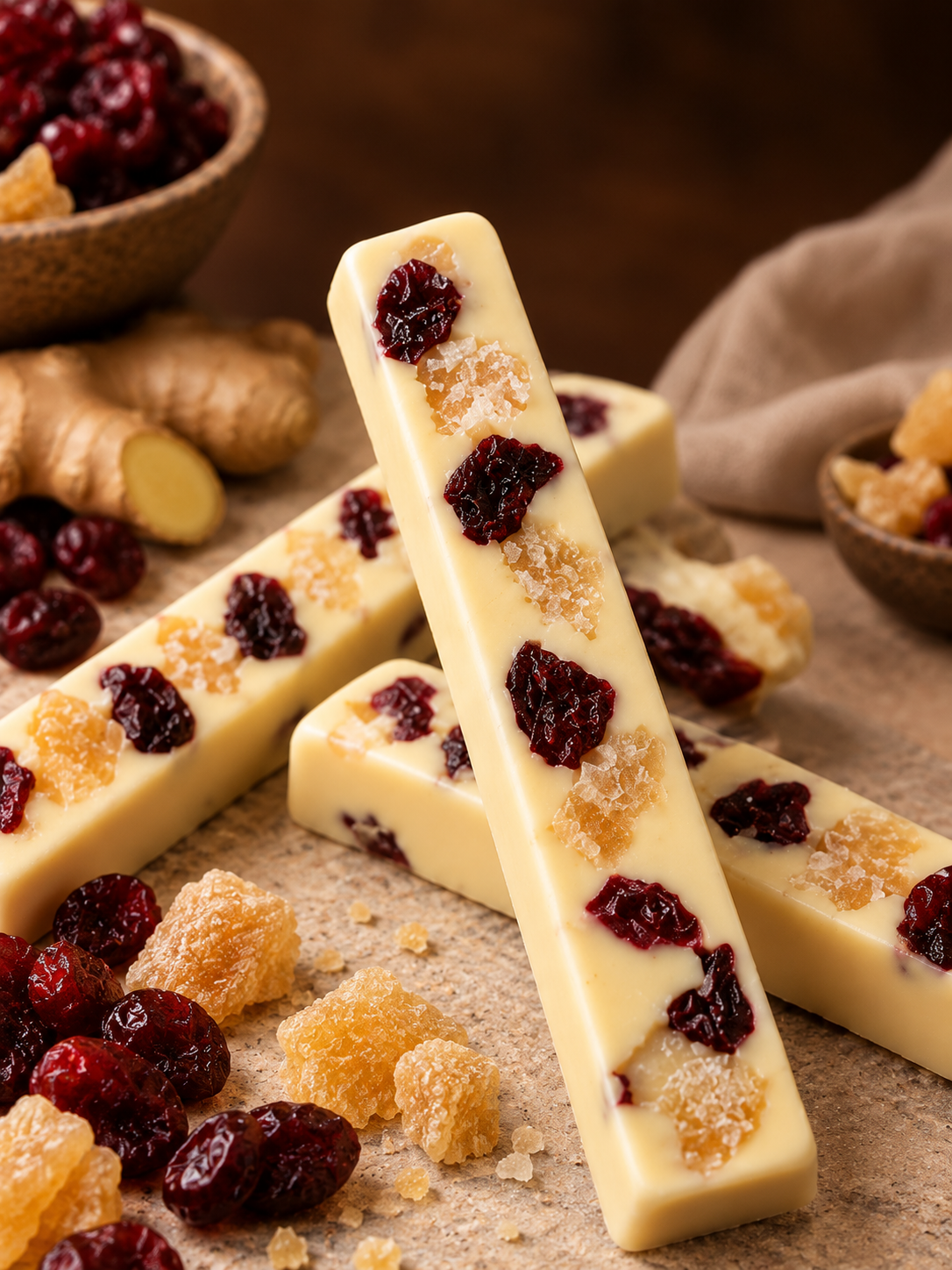Stick Aurora: chocolate branco nobre com gengibre cristalizado e cranberries selecionados