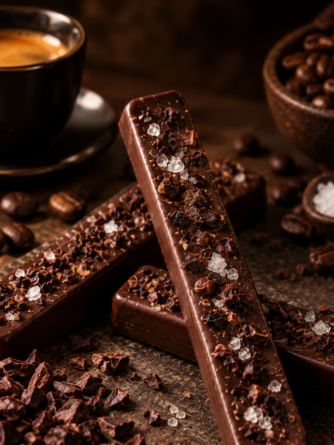 Stick Expresso: chocolate meio amargo nobre com café, nibs de cacau e flor de sal