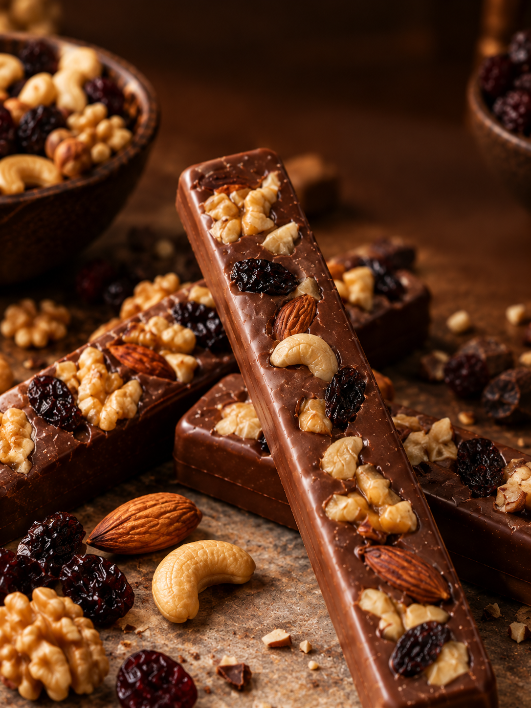 Stick Origens: chocolate ao leite nobre com mix de castanhas e uvas passas